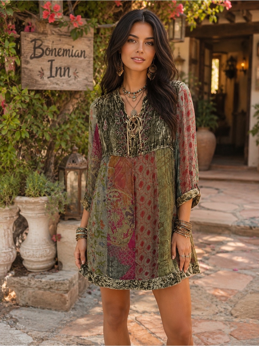 H064 NWT Young Threads S Ptp 18 Multicolor Patchwork Mini Dress with Lace-Up